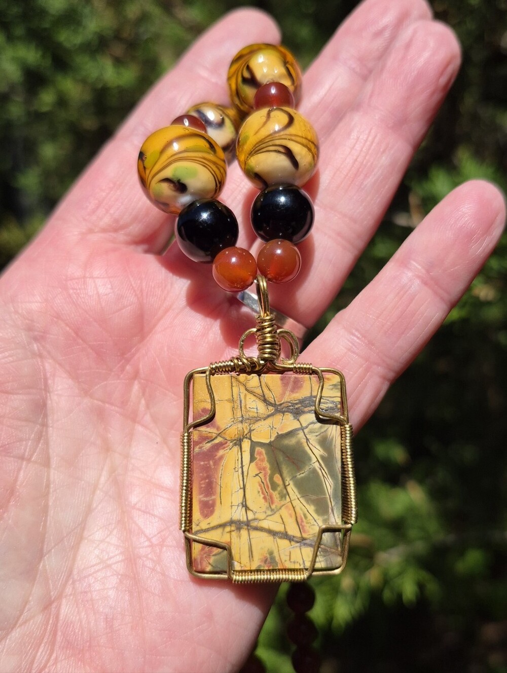 Artisan Wire Wrapped Picasso Jasper Carnelian Art Glass Beaded Necklace 20" - Picture 7 of 9
